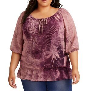 Beverly Drive Plus 24W/26W Peasant Top Purple Feather Print Blouse Boho Festival